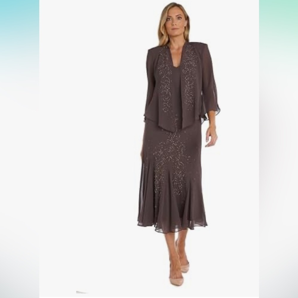 R&M Richard’s Elegant Fig Embellished Formal Dress with Jacket